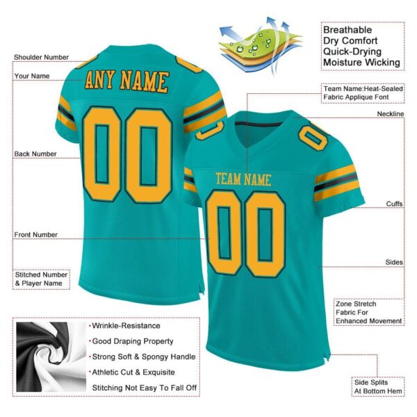 aqua_0004-1 Custom Aqua Gold-Black Mesh Authentic Football Jersey