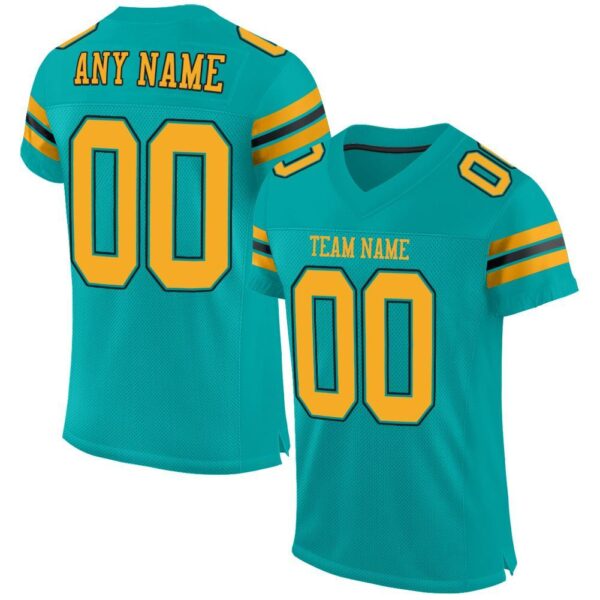 aqua_0004 Custom Aqua Gold-Black Mesh Authentic Football Jersey