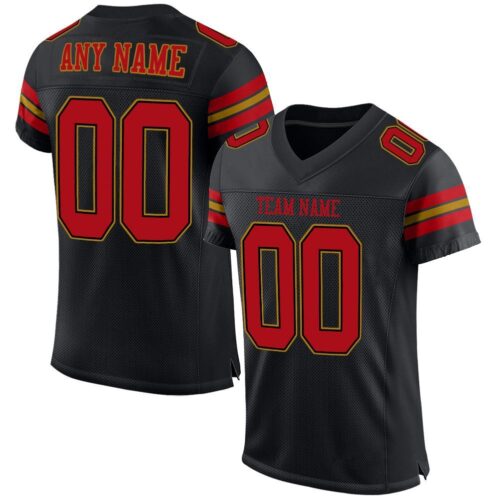 black_0007 Custom Black Red-Old Gold Mesh Authentic Football Jersey