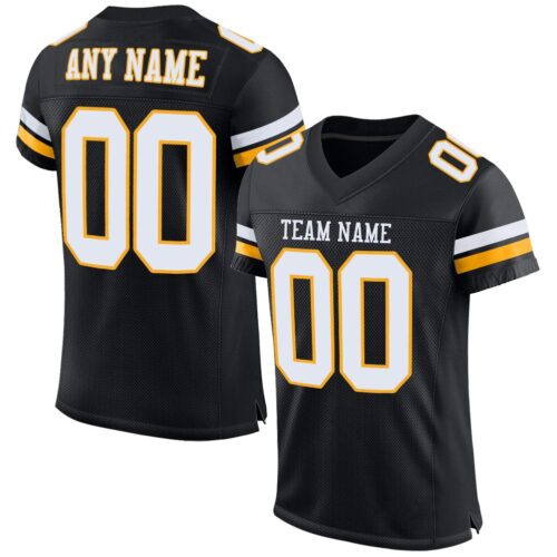 black_0072 Custom Black White-Gold Mesh Authentic Football Jersey