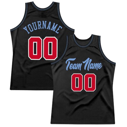 black_0257 Custom Black Red-Light Blue Authentic Throwback Basketball Jersey