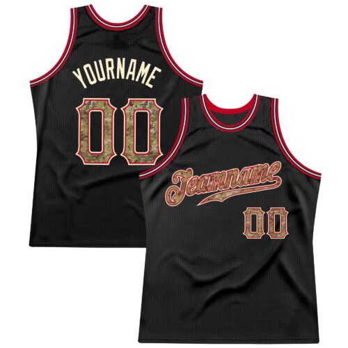 black_0321 Custom Black Camo-Red Authentic Throwback Basketball Jersey