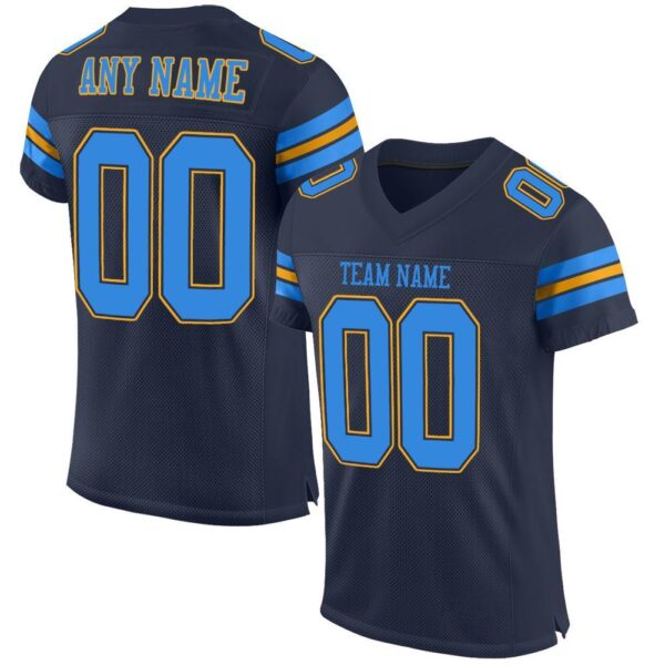 navy_0009 Custom Navy Powder Blue-Gold Mesh Authentic Football Jersey