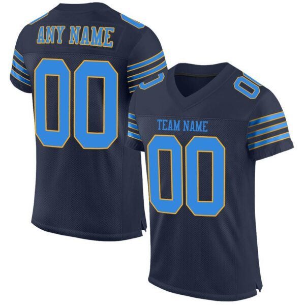 navy_0028 Custom Navy Powder Blue-Gold Mesh Authentic Football Jersey