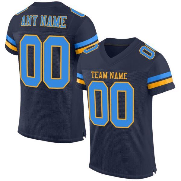 navy_0083 Custom Navy Powder Blue-Gold Mesh Authentic Football Jersey