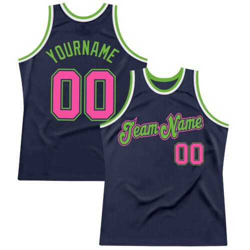 navy_0339 Custom Navy Pink-Neon Green Authentic Throwback Basketball Jersey