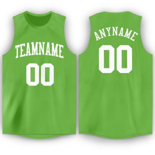 Custom Neon Green White Round Neck Basketball Jersey