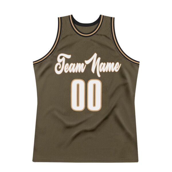 Custom Olive White-Old Gold Authentic Throwback Basketball Jersey