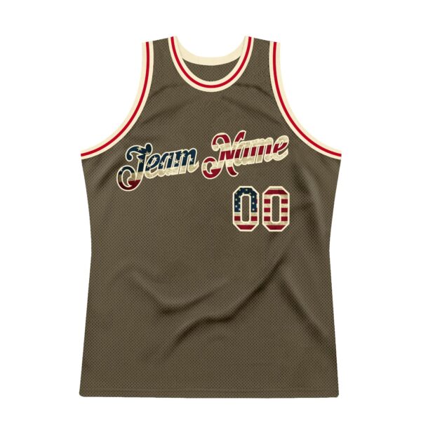 Custom Olive Vintage USA Flag-Cream Authentic Throwback Salute To Service Basketball Jersey