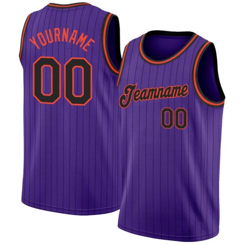 purple_0113 Custom Purple Black Pinstripe Black-Orange Authentic Basketball Jersey