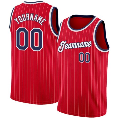 red_0261 Custom Red White Pinstripe Navy-White Authentic Basketball Jersey