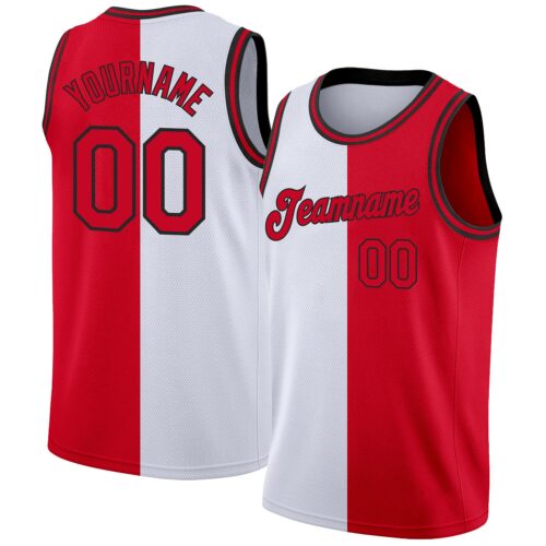 split_0054 Custom White Red-Black Authentic Split Fashion Basketball Jersey