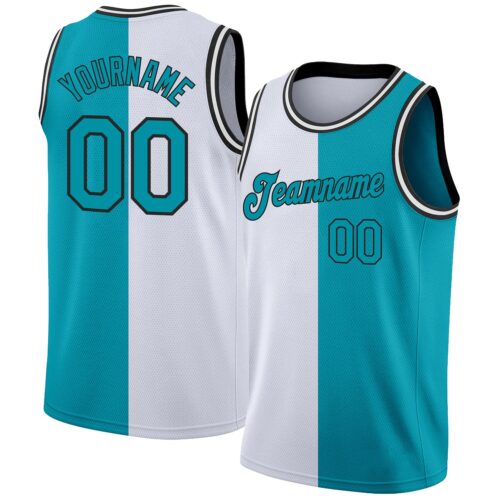 split_0055 Custom White Teal-Black Authentic Split Fashion Basketball Jersey