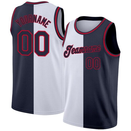 split_0058 Custom White Navy-Red Authentic Split Fashion Basketball Jersey