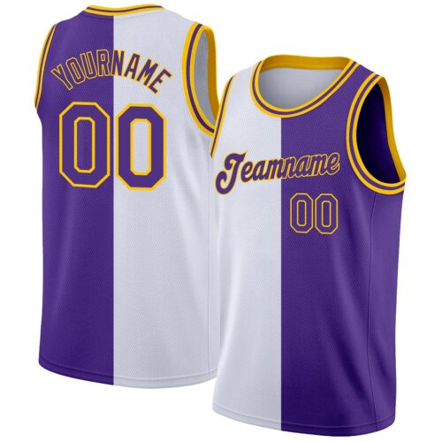 split_0059 Custom White Purple-Gold Authentic Split Fashion Basketball Jersey