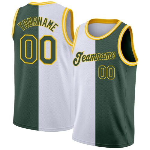 split_0060 Custom White Hunter Green-Gold Authentic Split Fashion Basketball Jersey