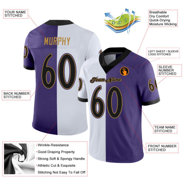 Custom Purple Black-White Split Fashion Football Jersey
