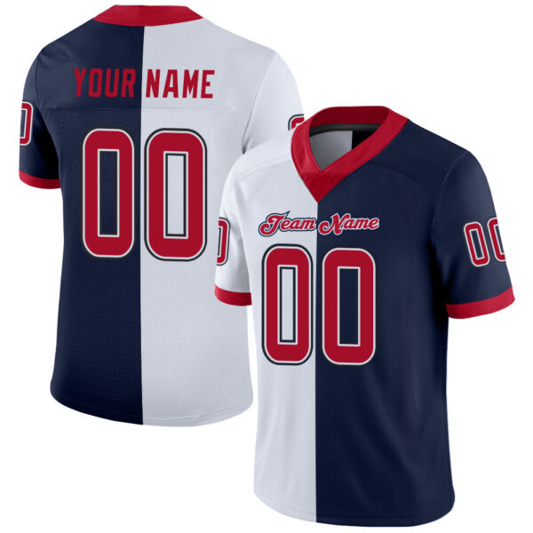 Custom Navy Red-White Split Fashion Football Jersey