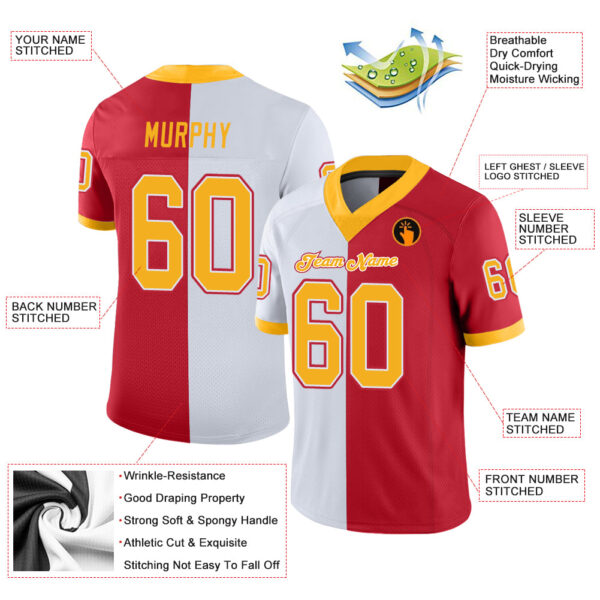 Custom Scarlet Gold-White Split Fashion Football Jersey