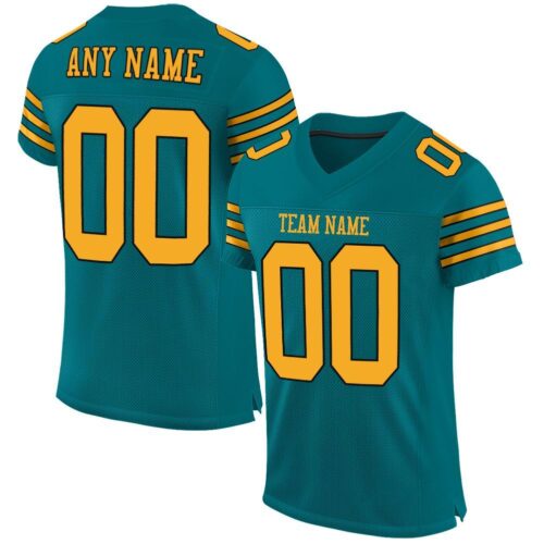 teal_0006 Custom Teal Gold-Black Mesh Authentic Football Jersey