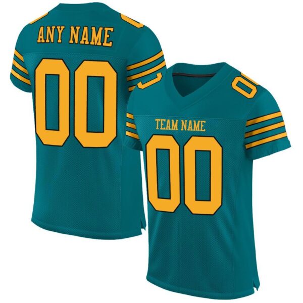 teal_0006 Custom Teal Gold-Black Mesh Authentic Football Jersey