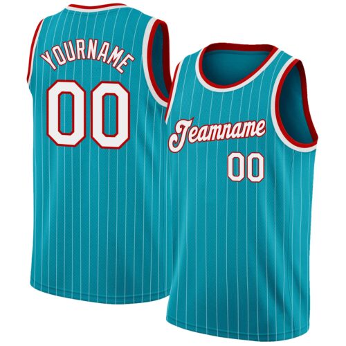 teal_0038 Custom Teal White Pinstripe White-Red Authentic Basketball Jersey