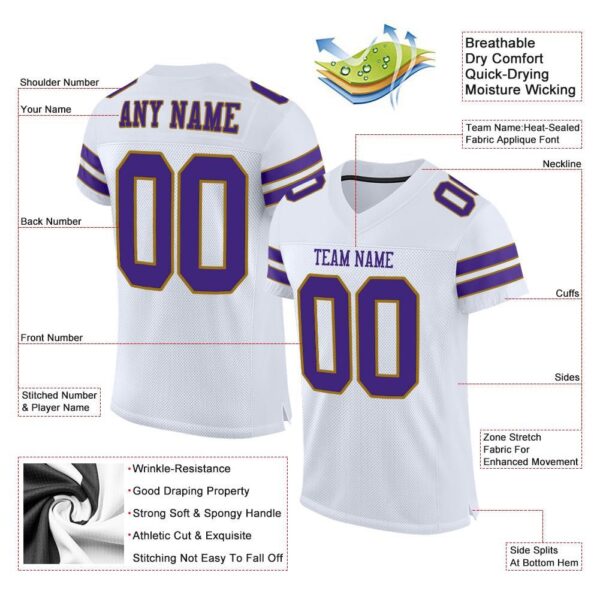 Custom White Purple-Old Gold Mesh Authentic Football Jersey