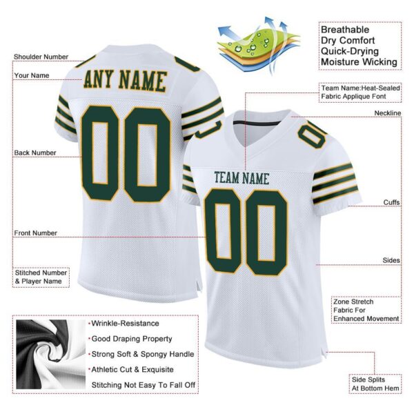 Custom White Green-Gold Mesh Authentic Football Jersey