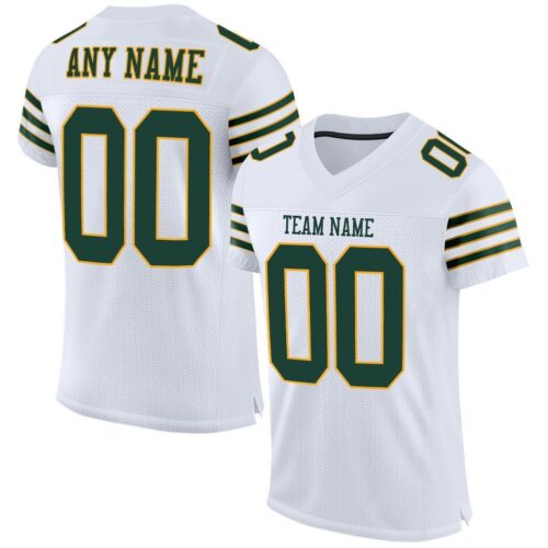 white_0041 Custom White Green-Gold Mesh Authentic Football Jersey
