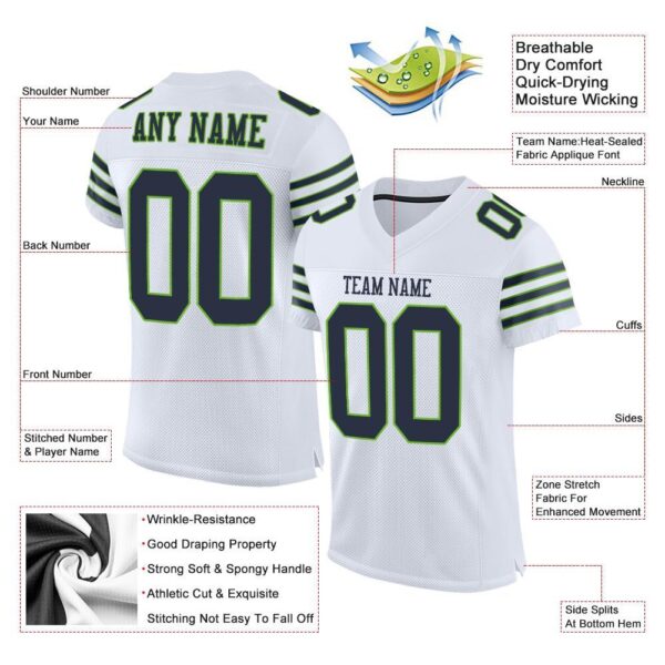 Custom White Navy-Neon Green Mesh Authentic Football Jersey