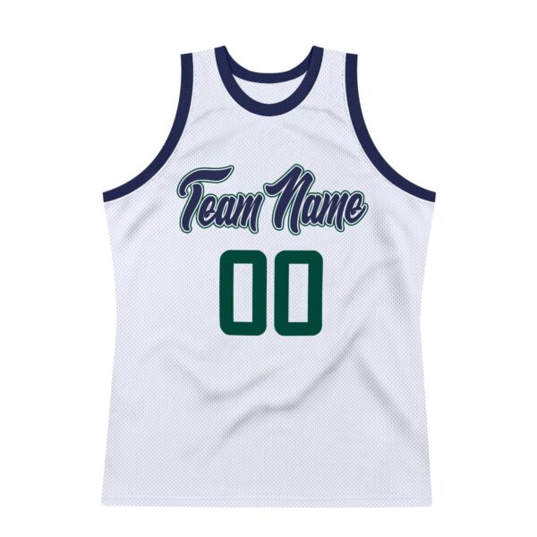 Custom White Hunter Green-Navy Authentic Throwback Basketball Jersey