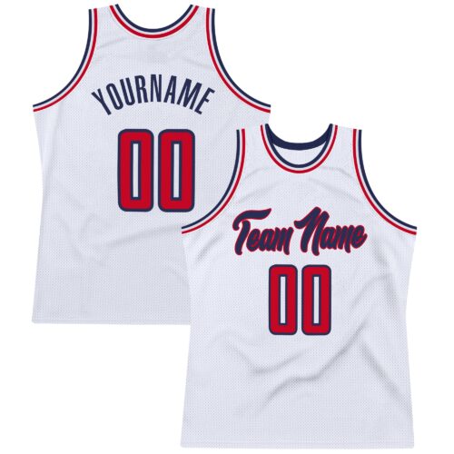 white_0452 Custom White Red-Navy Authentic Throwback Basketball Jersey
