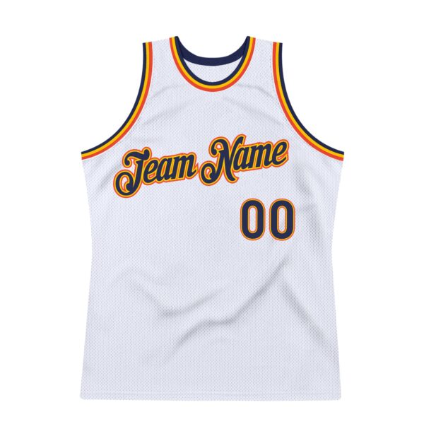 Custom White Navy-Orange Authentic Throwback Basketball Jersey
