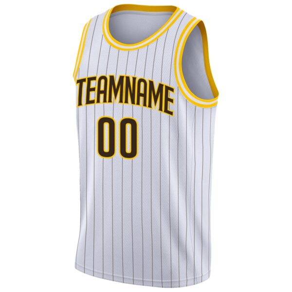 Custom White Brown Pinstripe Brown-Gold Authentic Basketball Jersey