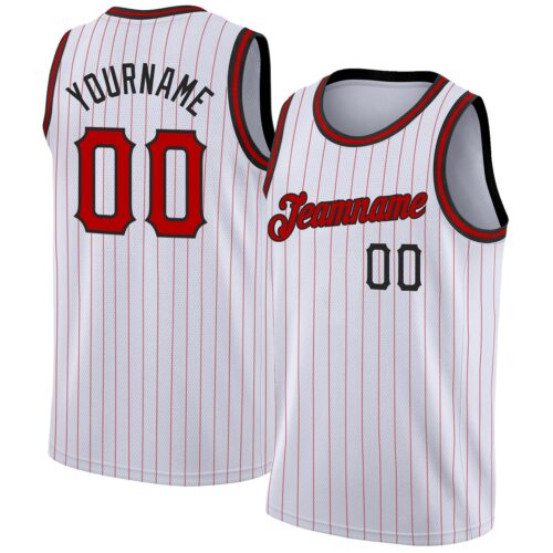 white_0585 Custom White Red Pinstripe Red-Black Authentic Basketball Jersey