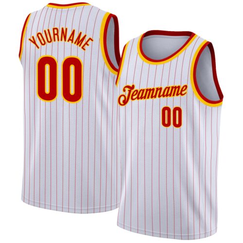 white_0586 Custom White Red Pinstripe Red-Gold Authentic Basketball Jersey