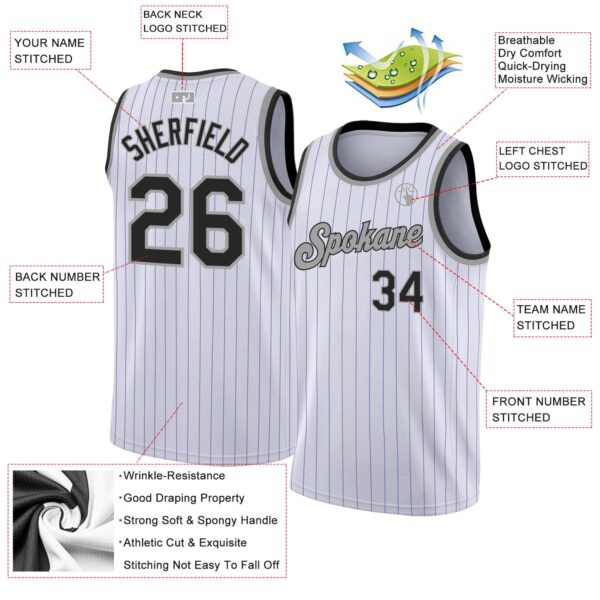 Custom White Purple Pinstripe Black-Gray Authentic Basketball Jersey