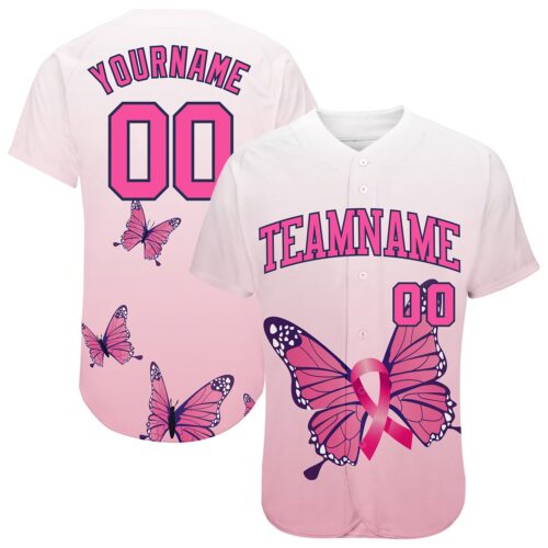 3DPattern0948 Custom 3D Pink Ribbon Breast Cancer Awareness Month With Butterflies Women Health Care Support Authentic Baseball Jersey