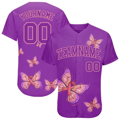 3DPattern0951_0feefb9f-6c9a-4ccc-a381-16a4889e9ca8 Custom 3D Pink Ribbon With Butterfly Wings Breast Cancer Awareness Month Women Health Care Support Authentic Baseball Jersey