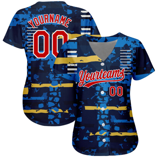 Custom Navy Red-White 3D Pattern Design Authentic Baseball Jersey