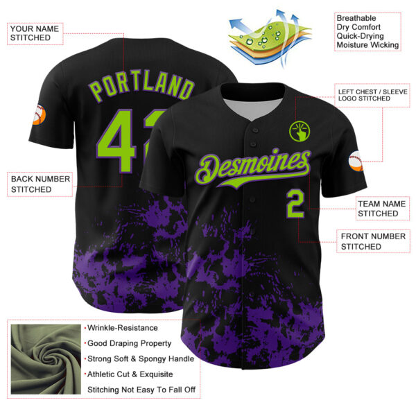 Custom Black Neon Green-Purple Splatter Authentic Baseball Jersey