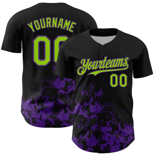 3DPattern13091 Custom Black Neon Green-Purple Splatter Authentic Baseball Jersey