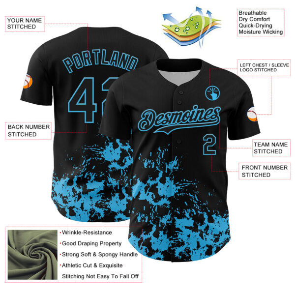Custom Black Sky Blue Splatter Authentic Baseball Jersey