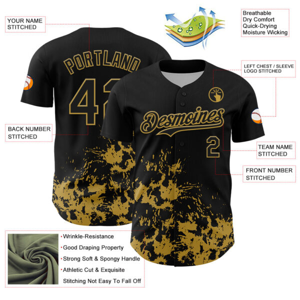 Custom Black Old Gold Splatter Authentic Baseball Jersey