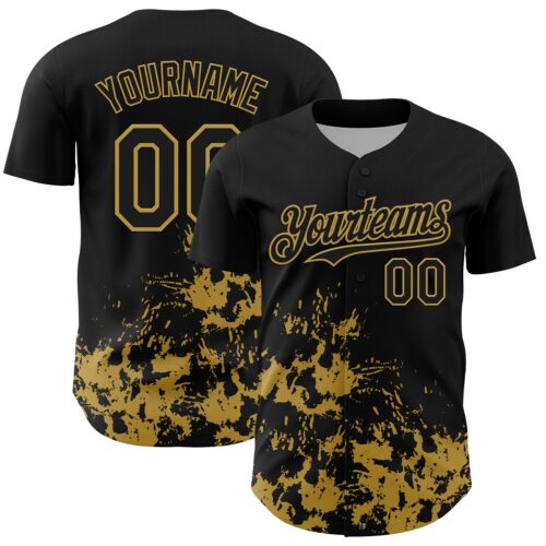 3DPattern13094 Custom Black Old Gold Splatter Authentic Baseball Jersey