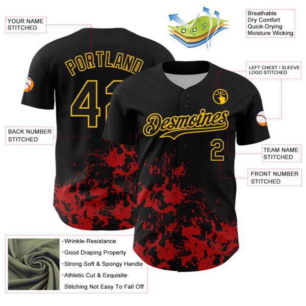 Custom Black Yellow-Red Splatter Authentic Baseball Jersey