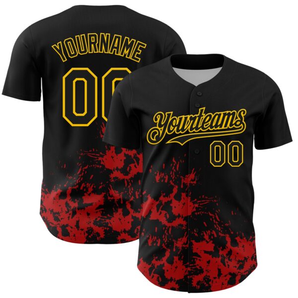 Custom Black Yellow-Red Splatter Authentic Baseball Jersey