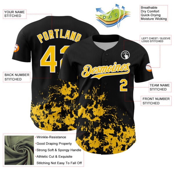 Custom Black Yellow-White Splatter Authentic Baseball Jersey