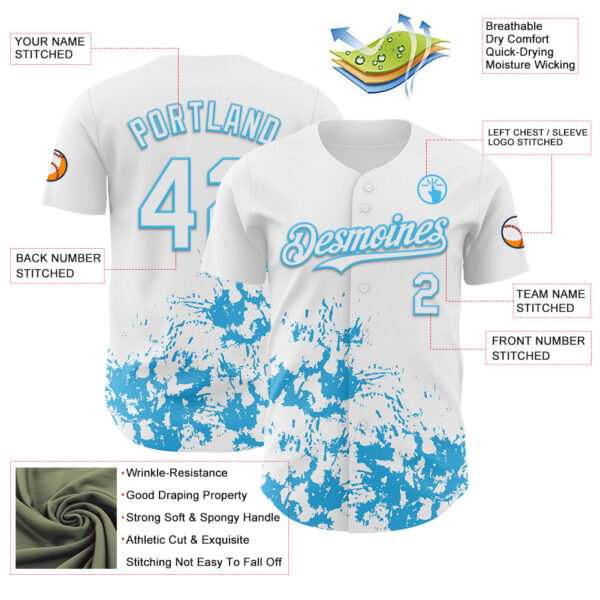 Custom White Sky Blue Splatter Authentic Baseball Jersey