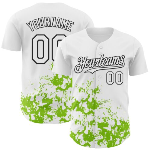 3DPattern13107 Custom White Black-Neon Green Splatter Authentic Baseball Jersey